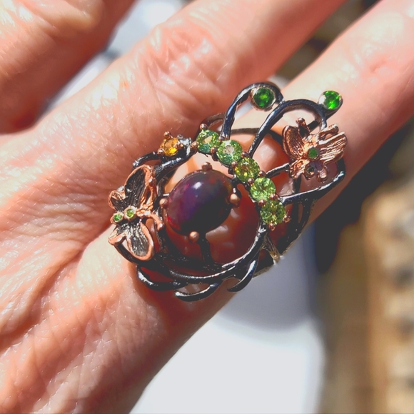 Opal Emerald Crome Diopside Floral Sterling Gold & Rhodium ring sz 8
